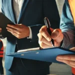Dall·e 2025 03 24 05.27.00 a construction site scene with a site supervisor and a staffing agency representative reviewing a checklist on a clipboard. around them, temp workers